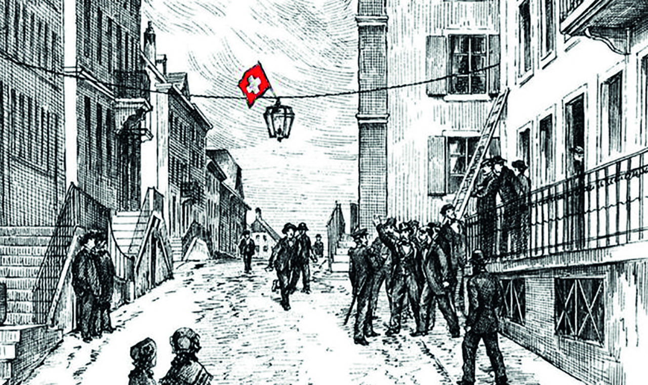 Le drapeau suisse cousu pendant la nuit et accroché au lampadaire. La bagarre qui a suivi avec trois gendarmes, 
neutralisés par le comité révolutionnaire loclois, lance la Révolution neuchâteloise. (dr)