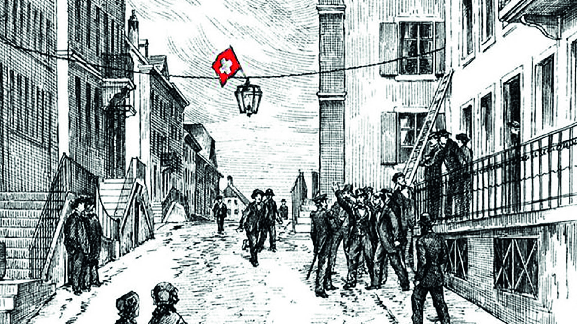Le drapeau suisse cousu pendant la nuit et accroché au lampadaire. La bagarre qui a suivi avec trois gendarmes, 
neutralisés par le comité révolutionnaire loclois, lance la Révolution neuchâteloise. (dr)