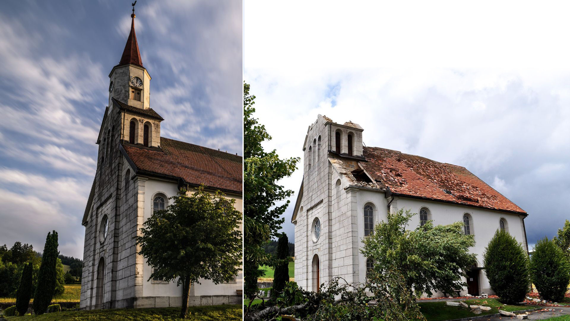 Une des images choc de la tempête du 24 juillet : le Temple des Eplatures décapité. Mais la crèche géante qu’il abritait a été miraculée. (Photos : à gauche Géraldine Zosi, à droite gs)