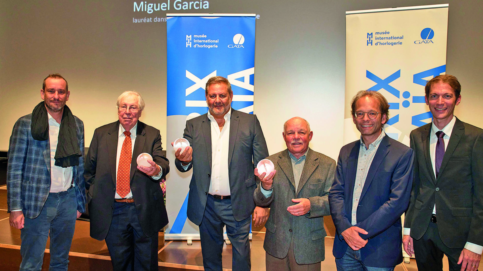 De gauche à droite, Jean-Daniel Jeanneret, Hans Boeckh, Miguel Garcia, Georges Brodbeck, Théo Bregnard, Régis Huguenin-dumittan. (Photo MIH, V. Savanyu)